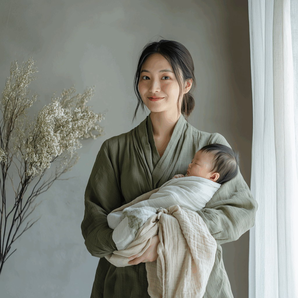 現代的なファッションでピースリングを優しく抱えるモデルの女性