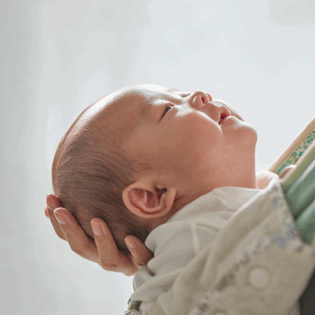 スリングに抱かれ、見上げるような目線で眠る赤ちゃん