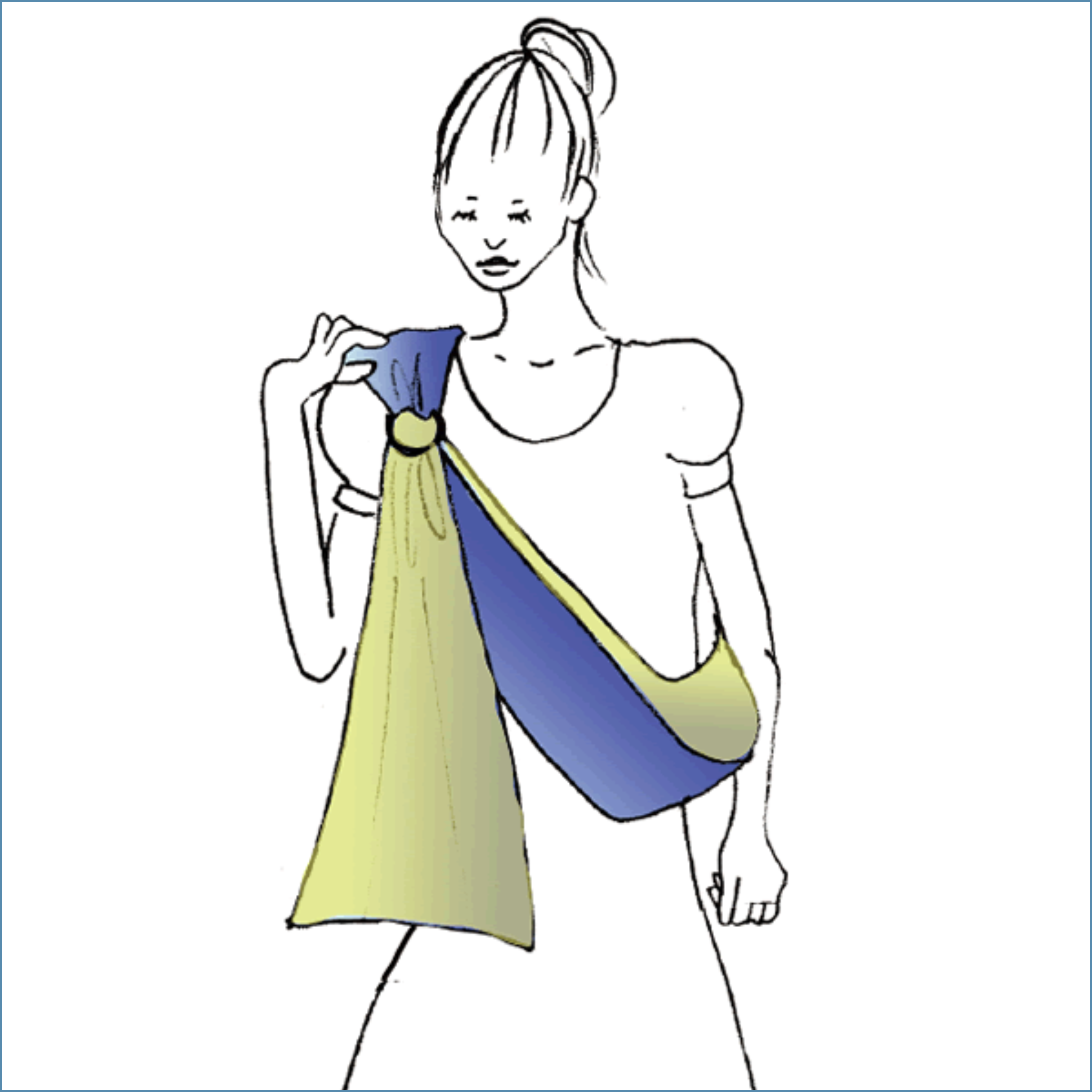 スリングを肩にかけ、リングの位置を確認している女性のイラスト