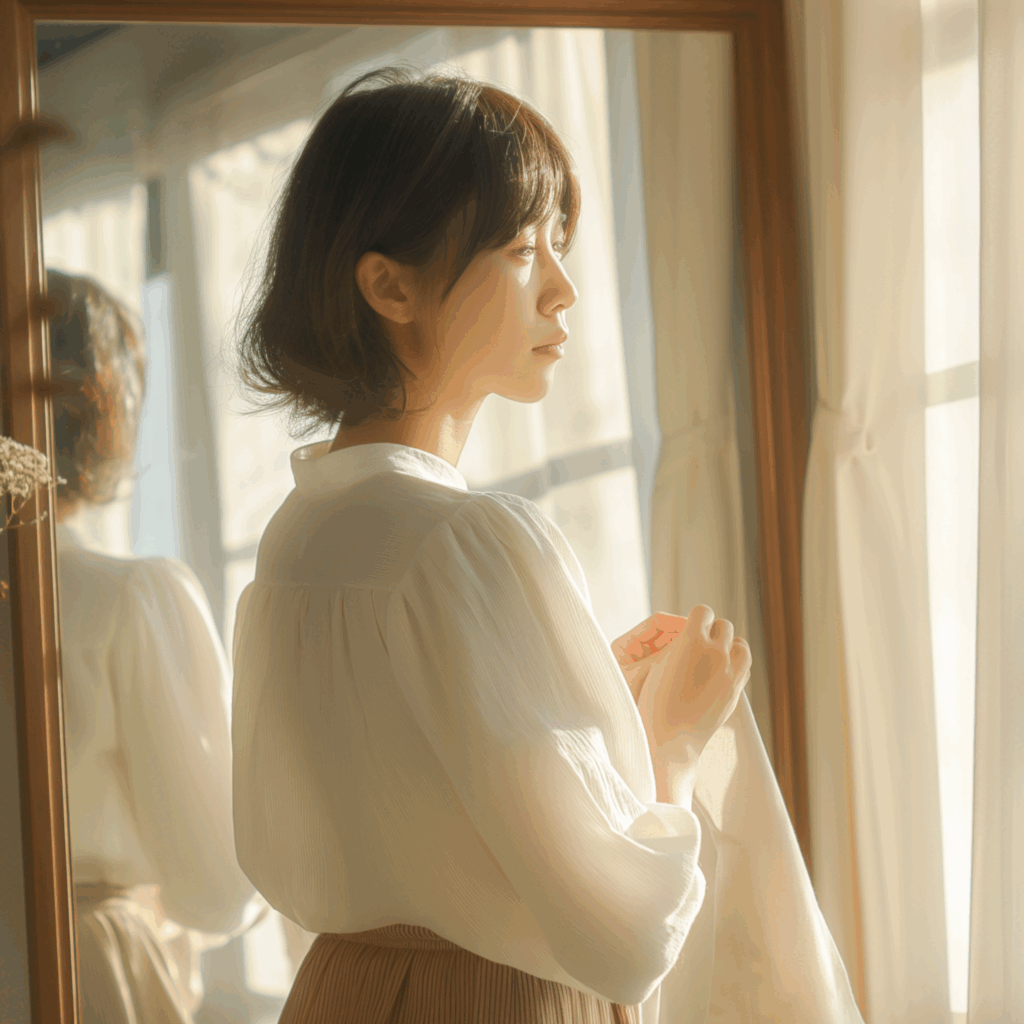 やわらかな光の中、白いブラウスをまとい静かに佇む女性