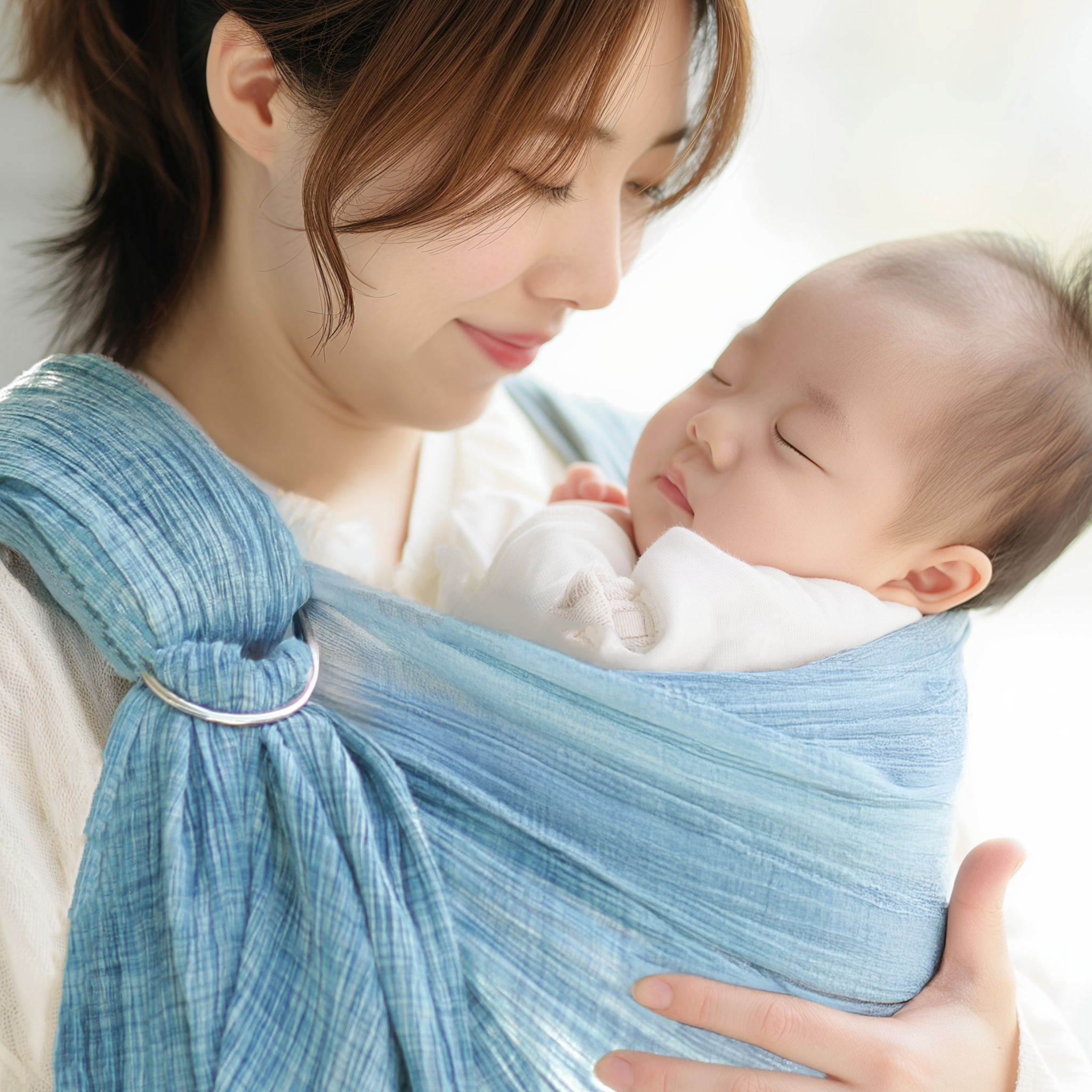 ブルーのスリングで赤ちゃんを抱きしめる日本人ママの笑顔
