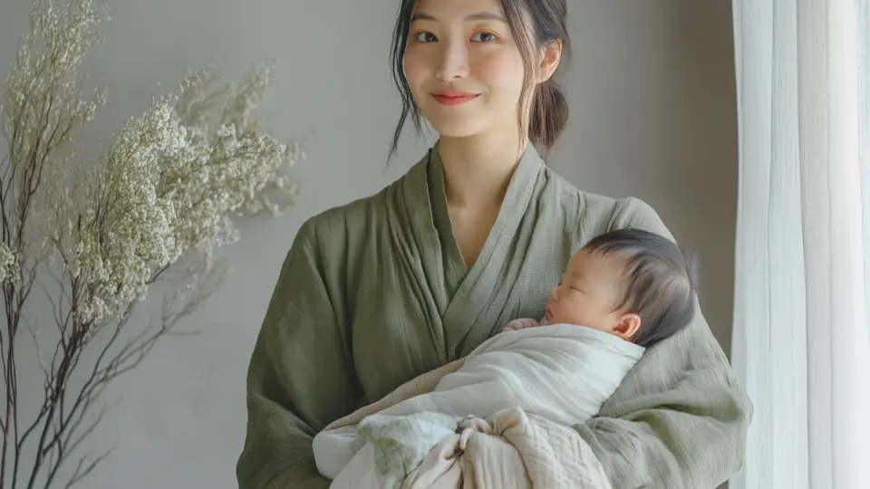 リングで赤ちゃんを抱く母親のポートレート（ブランドヒストリー用）