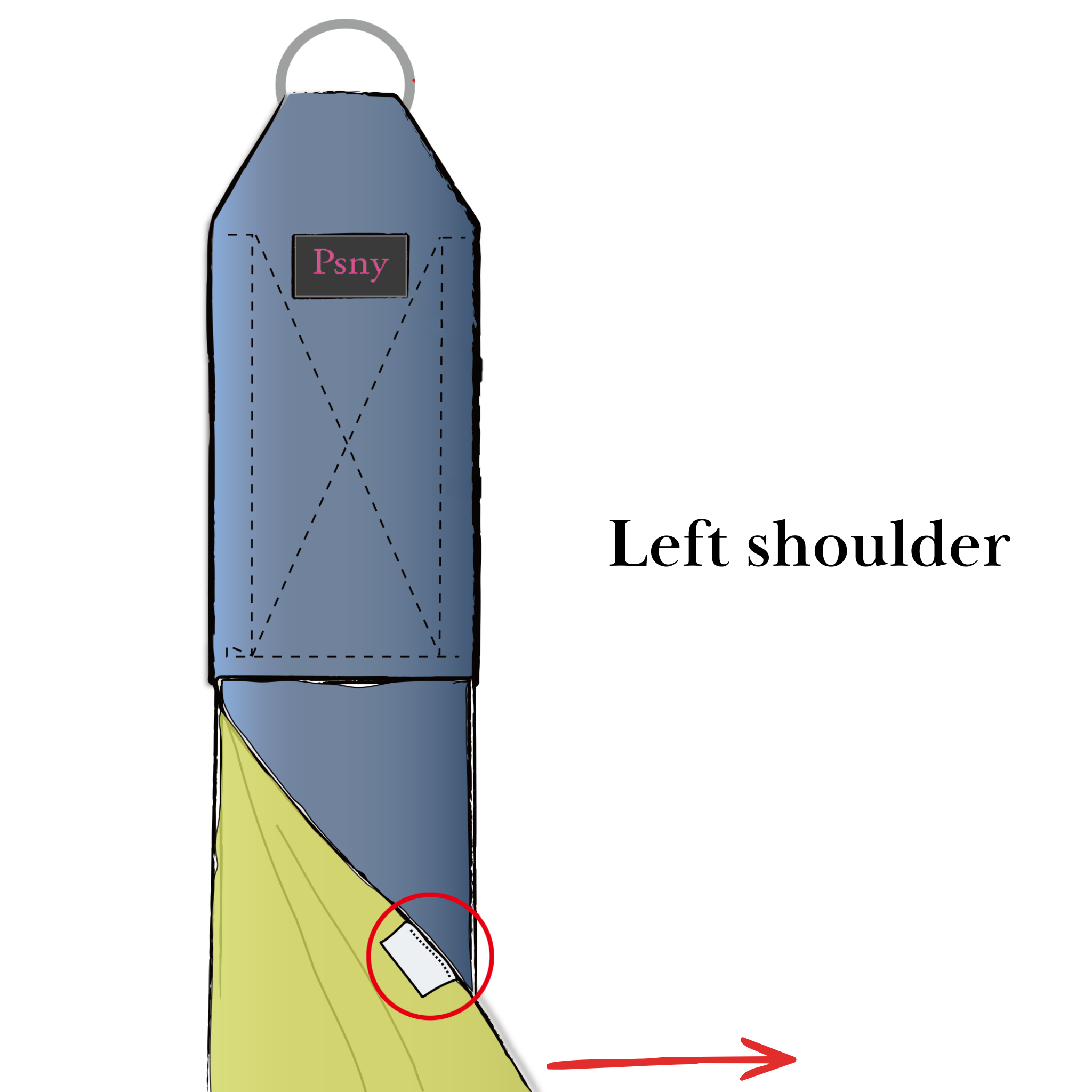Identify the shoulder specification using the brand and care label positions