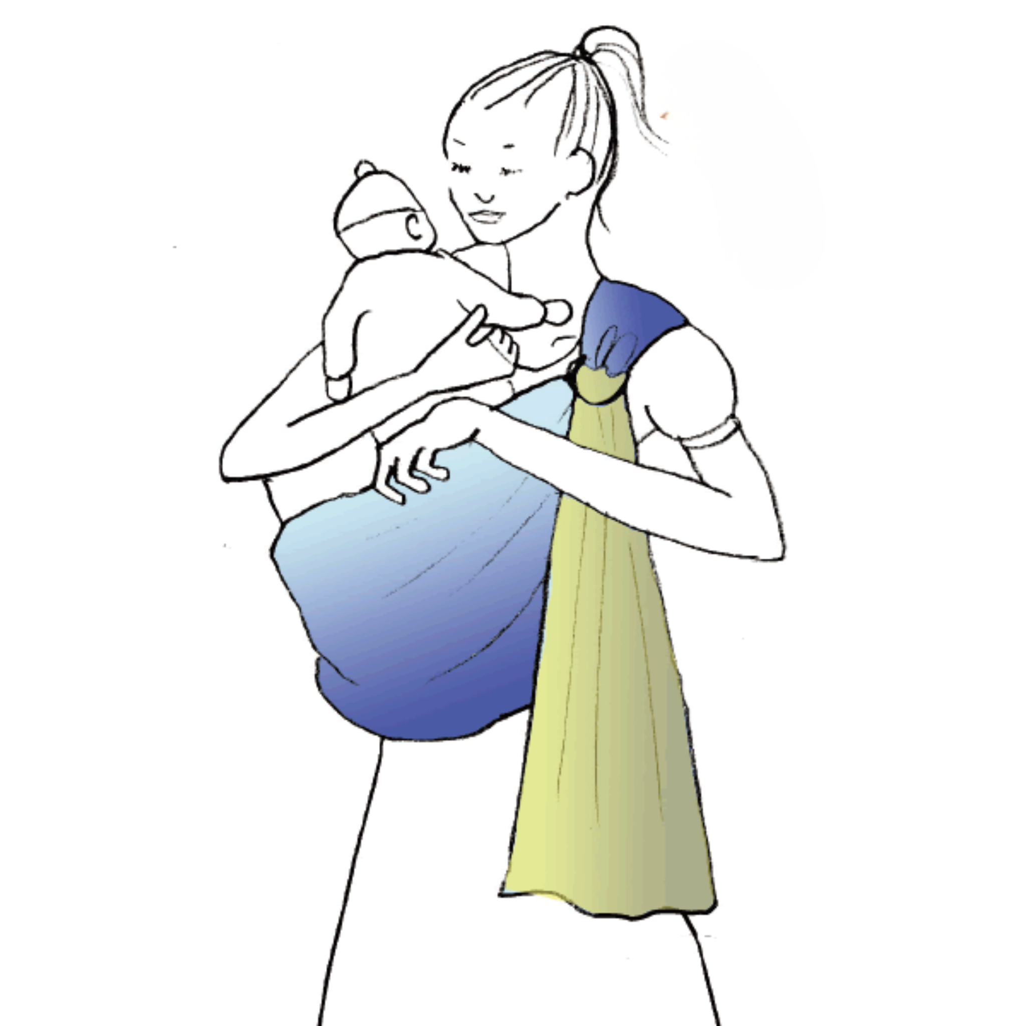 Hold the baby high on the shoulder and guide both legs into the pouch