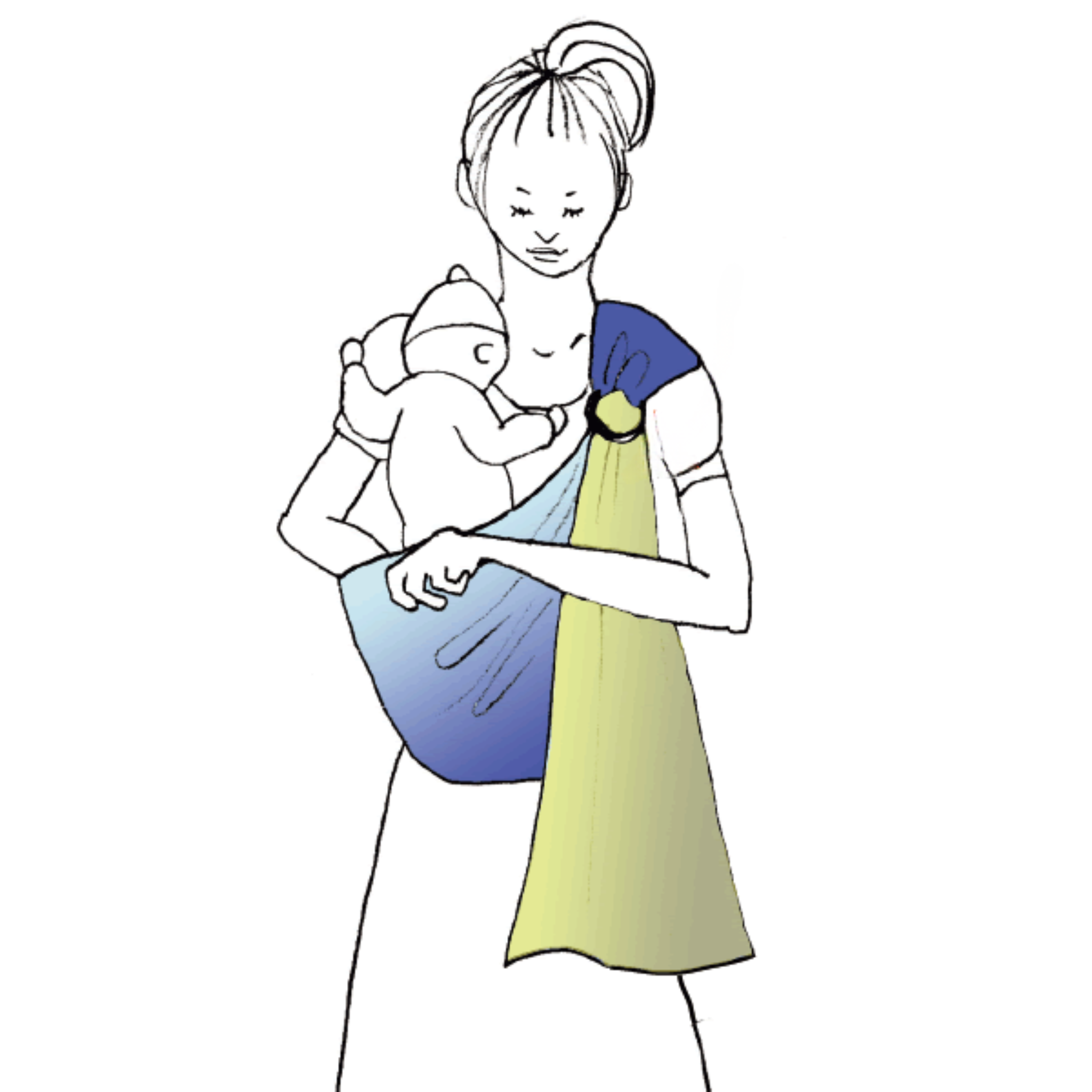 Open the baby's legs around the wearer's torso and seat the bottom in the pouch