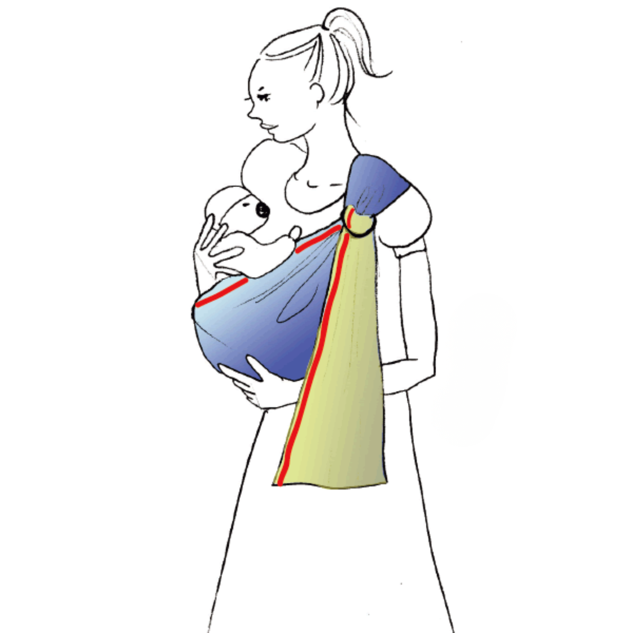 Support the baby's full weight while gently adjusting excess fabric through the rings