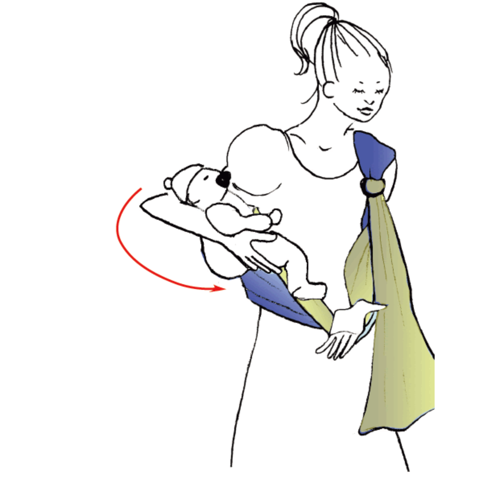 Support the baby with one arm while the other reaches up through the pouch