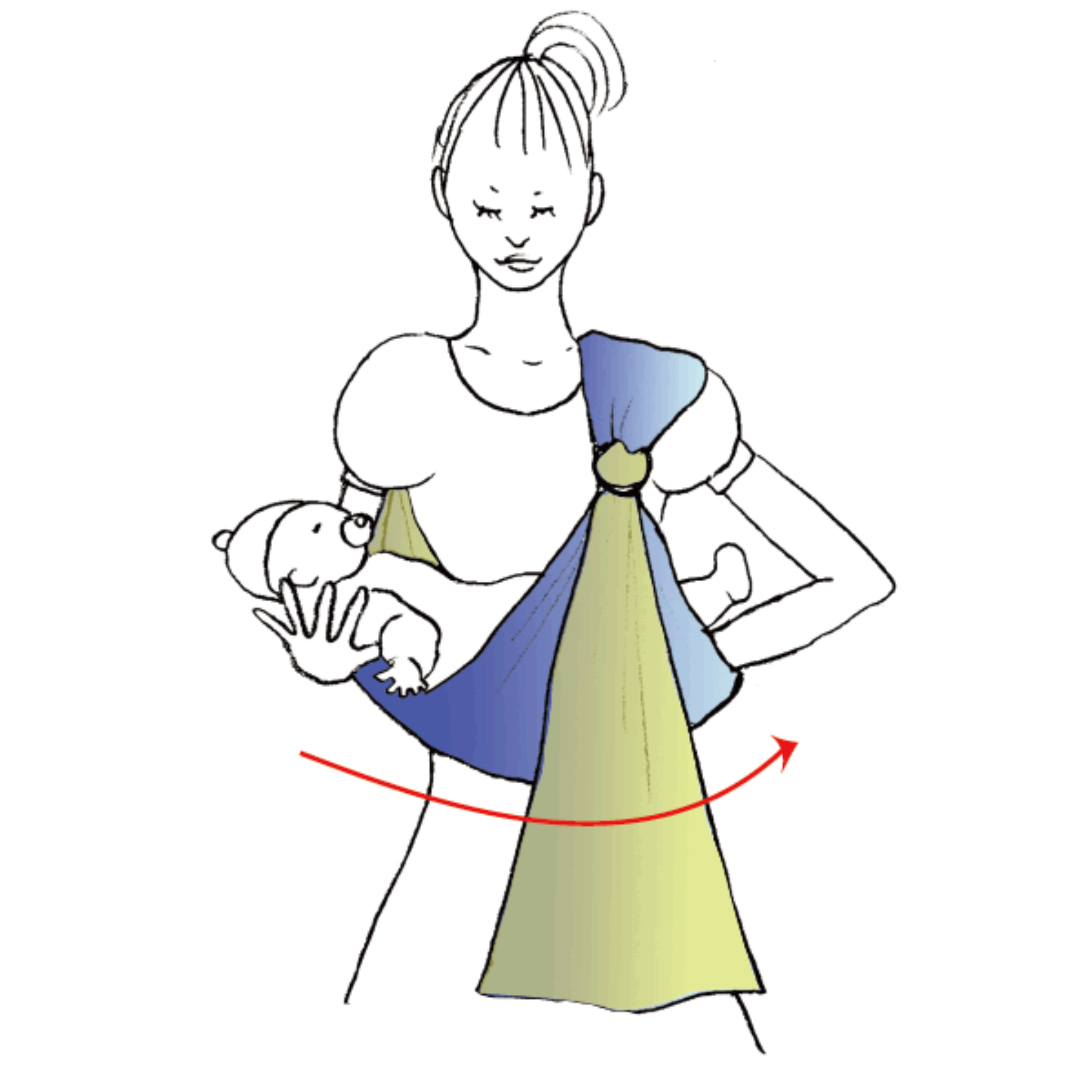 Guide the baby gently into the open pouch along the supporting arm